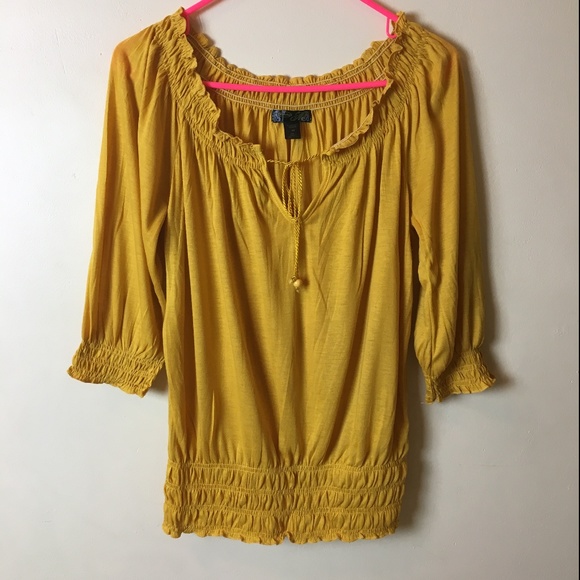 mandee Tops - Golden Mustard Split Neck Boho Top Size Medium